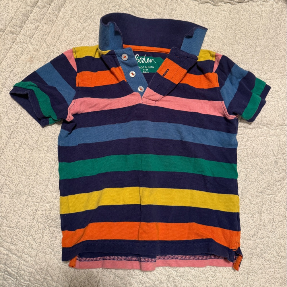 MINI BODEN BOYS RAINBOW STRIPE BUTTON-UP SHORT SLEEVE POLO SHIRT